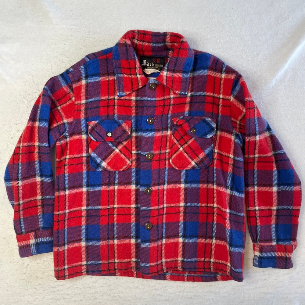 Mars Plaid Flannel Button Up Shirt Mens Large Red Blue Wool Blend Vintage‎
